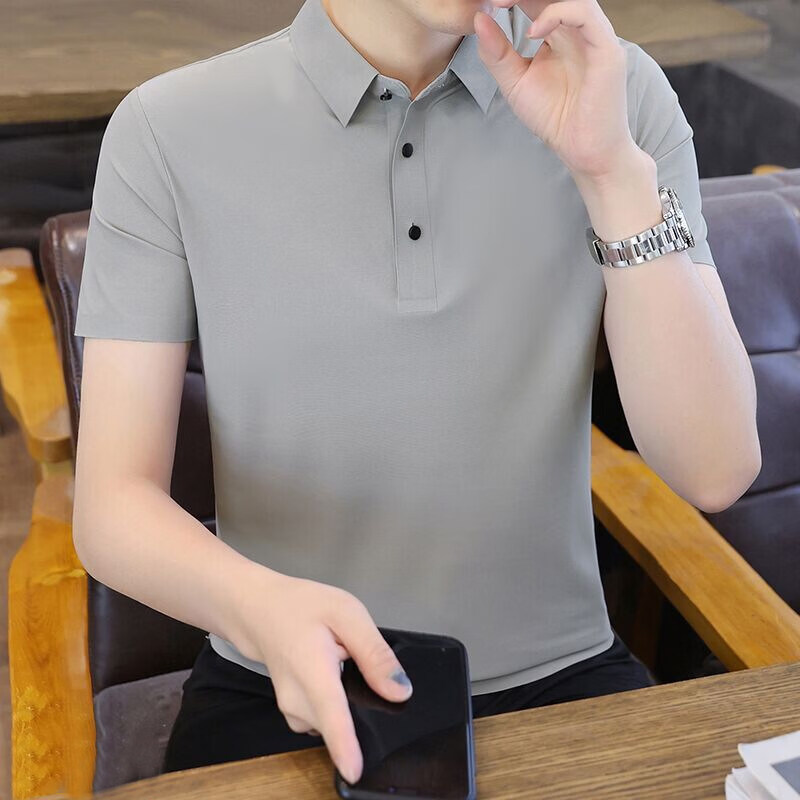 JPUZ男士冰丝无痕polo衫2026夏季高端轻奢翻领短袖t恤青年半袖上衣薄T 中灰色 M 90-110斤
