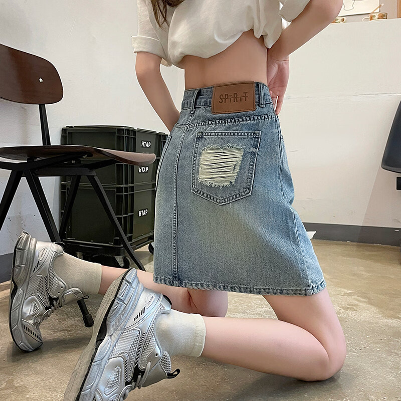 MODX牛仔短裙女半身裙2026春装新款高腰磨破防走光字包臀裙小个子 覆古蓝 XS