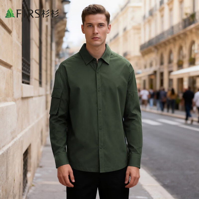 杉杉（FIRS）【100%棉】2025四季可穿柔软新疆棉男士免烫棉弹工装长袖衬衫外套 军绿 M 170/88A/M