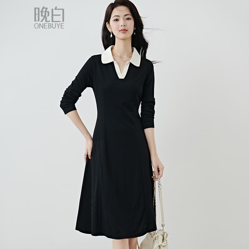 晚白【新品】2026春款黑白撞色V型翻领棉感裙子小个子显高休闲连衣裙 黑色 L