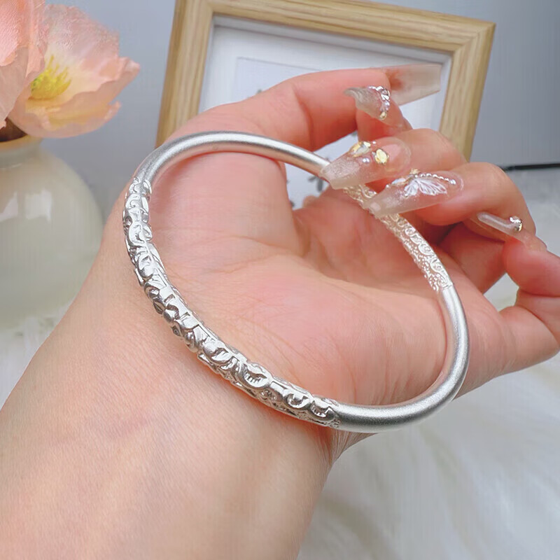 老凰祥足银9999卷草纹古法银手镯实心闭口银镯子生日礼物送女 麻将手镯-62