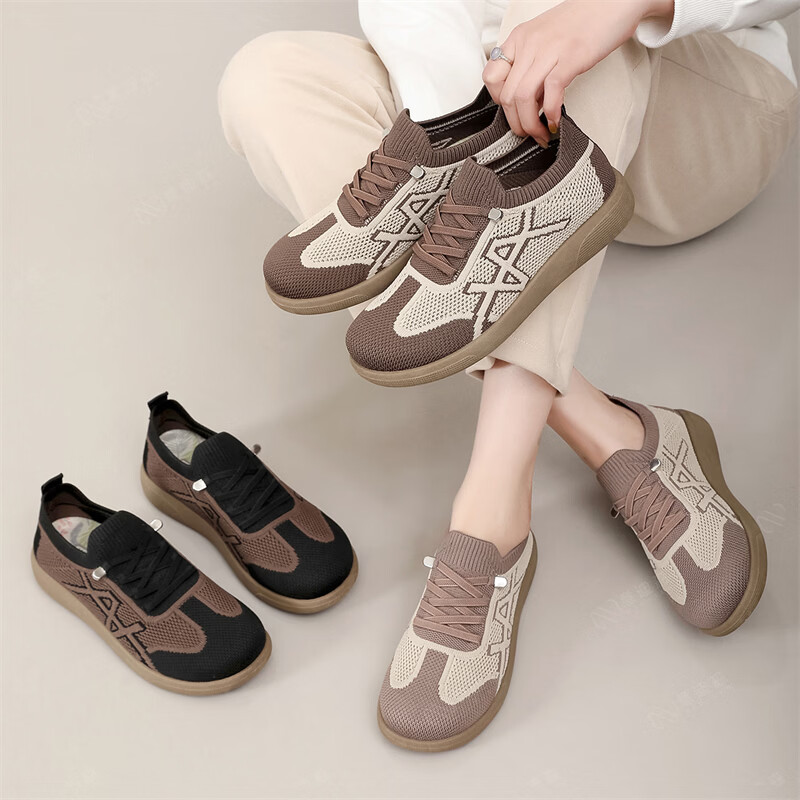 意迪森飞织女鞋加宽透气软底防滑妈妈鞋久站不累脚中老年舒适轻便一脚蹬 深咖 39 (245mm)