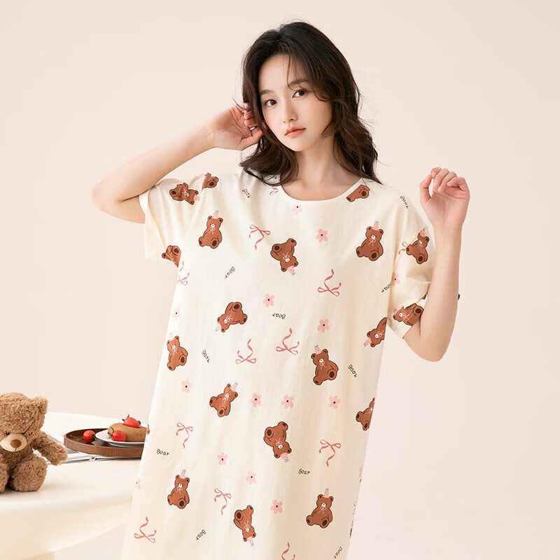 芬腾睡裙女【纯棉】新疆棉家居服女士睡衣睡裙女短袖裙26夏新款 奶黄 L