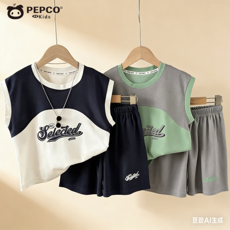 小猪班纳（PEPCO）夏季新款男童T恤韩版字母拼接无袖珠地儿童套装坎肩上衣五分裤子 KS珠地套装-灰色拼绿 130