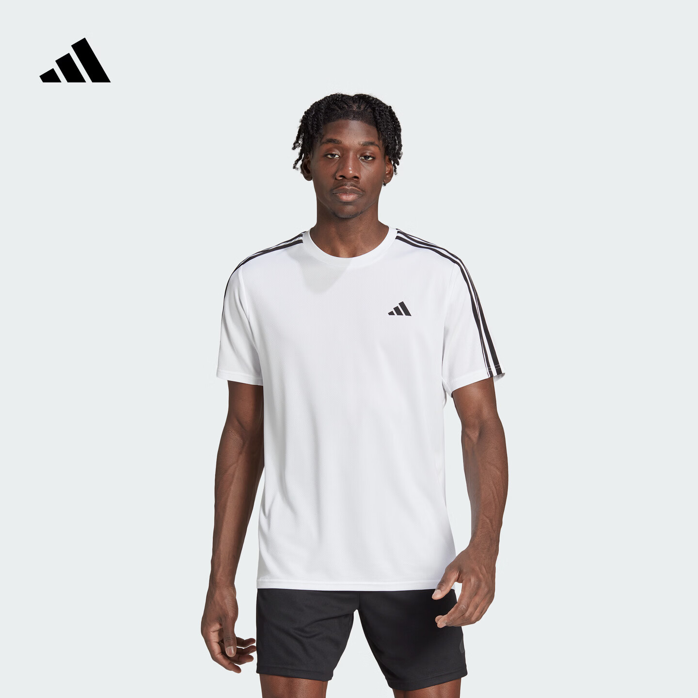 adidas综合训练速干运动健身三条纹圆领短袖T恤男装夏季阿迪达斯   白/黑色   XL
