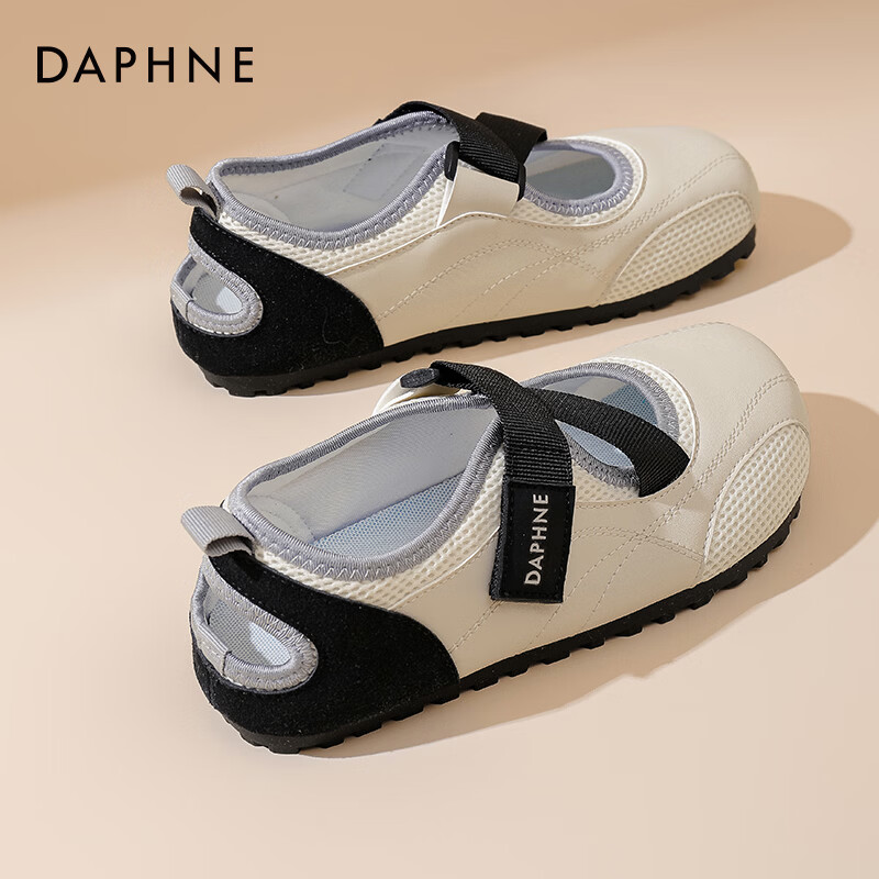 达芙妮魔术贴单鞋女2026春新款小白鞋平底百搭休闲玛丽珍鞋泡芙鞋ZJ 米黑色 37