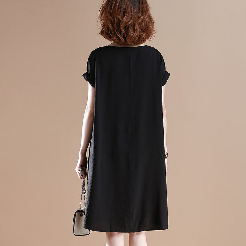 女裙短袖连衣裙黑色连衣裙中长款连衣裙高档连衣裙 黑色 3XL