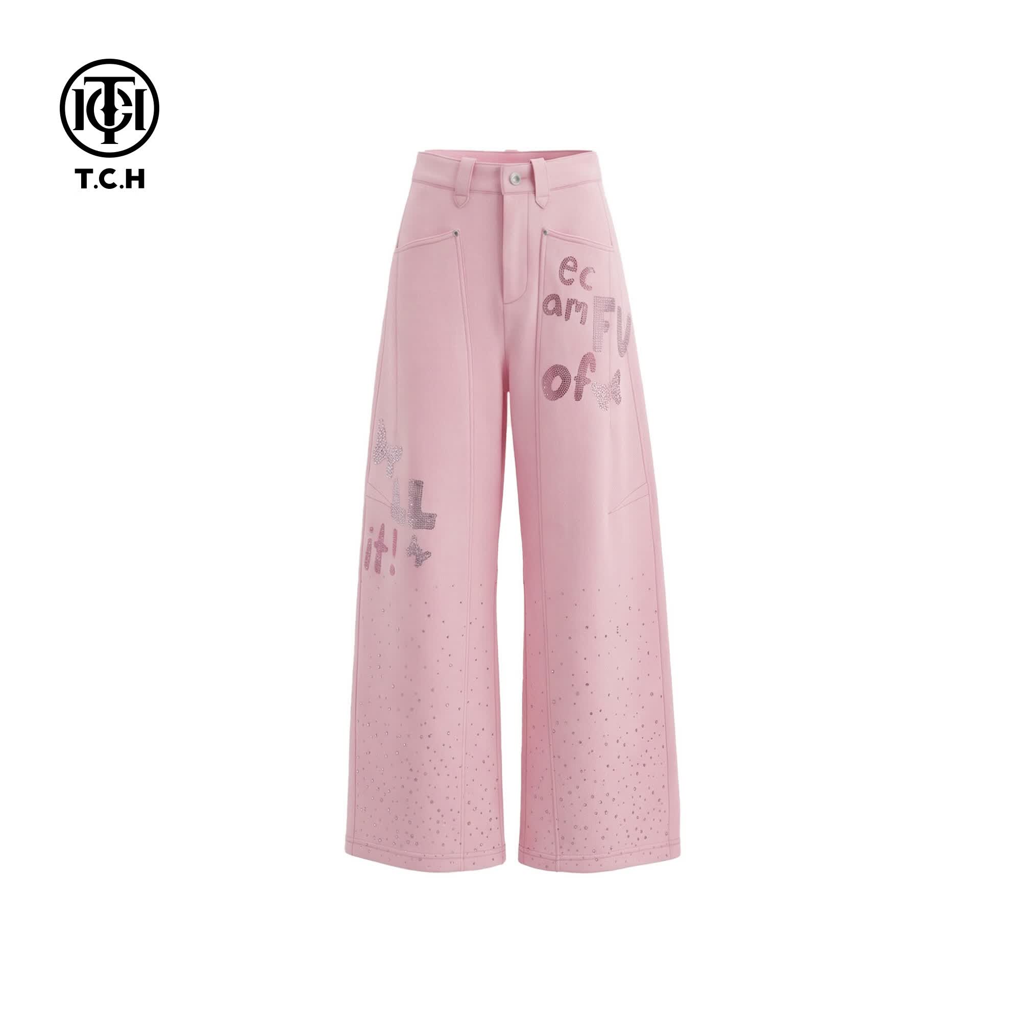 TCH2026年春夏新款慵懒风烫钻时尚淑女粉色休闲裤 粉色 2XL 155-170斤