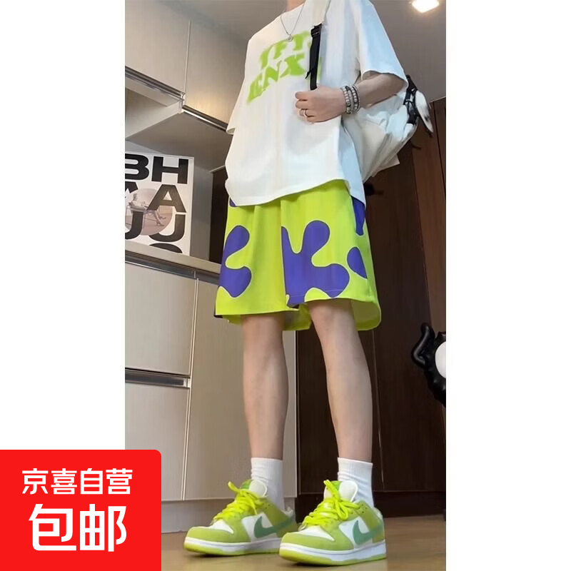 派大星同款短裤男夏季宽松睡裤海绵宝宝休闲五分裤情侣海边沙滩裤 D85派大星【冰丝】 XL （建议125-140斤）