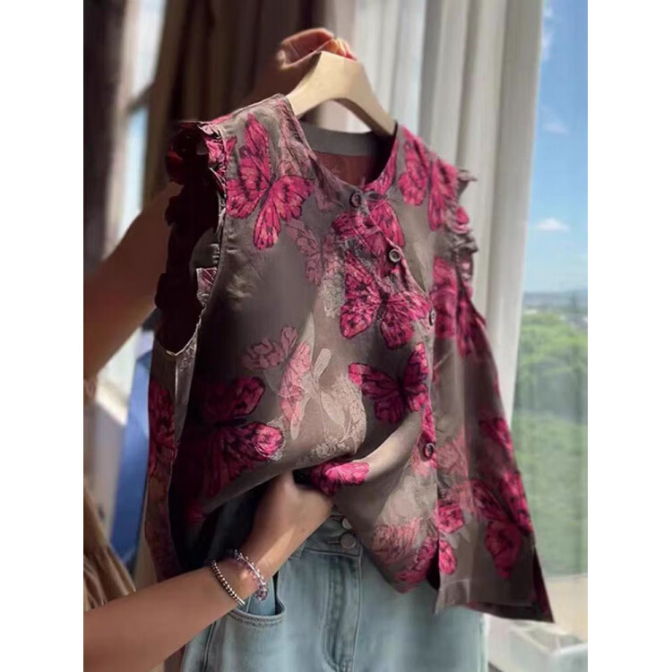MODX专柜撤回尾单新中式国风上衣女巨好看设计感咖色蝴蝶印花马甲背心 咖色蝴蝶印花 S