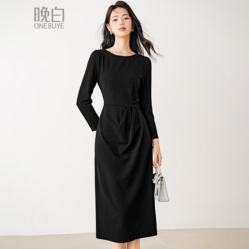 晚白【新品】2026年春款气质圆领裙子弹力修身褶皱显瘦通勤连衣裙 黑色 M