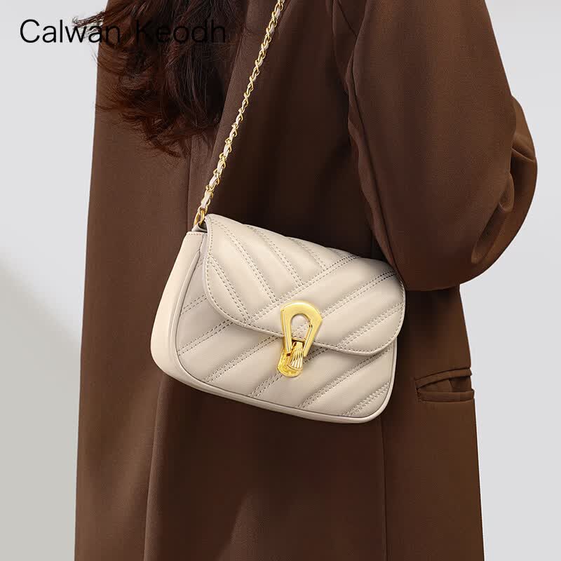 CALWAN KEODH包包女款轻奢2026牛皮斜挎链条单肩小包生日礼物高级感送女友老婆 米白-时尚百搭通勤小众品牌