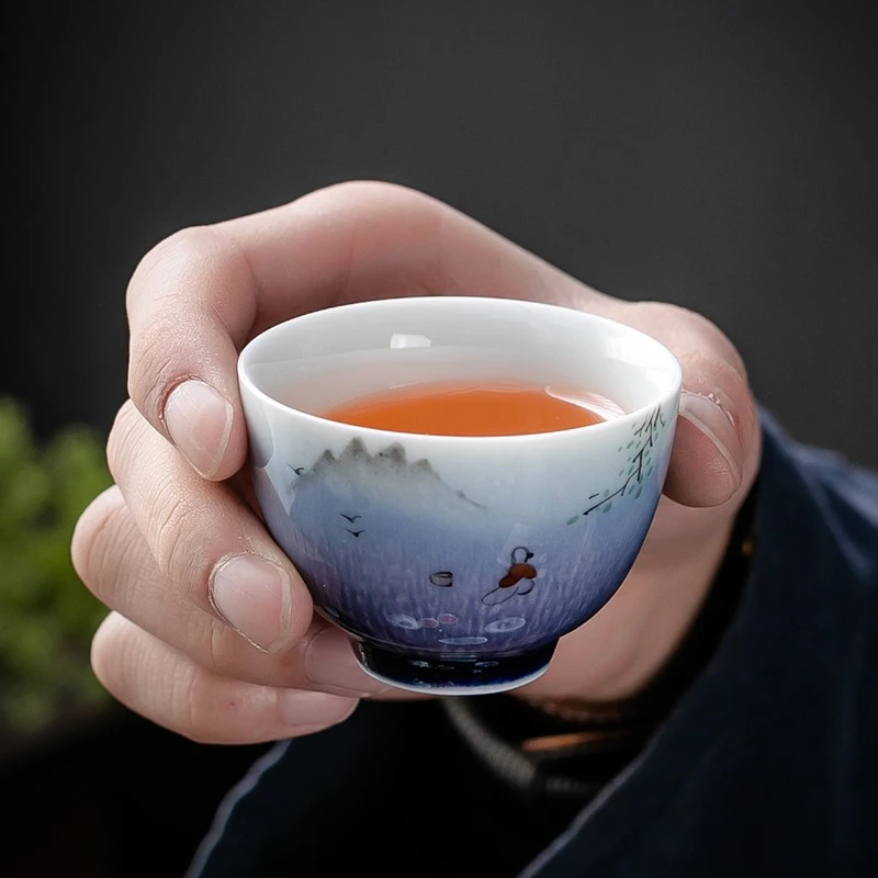 京峰阁 茶具套装 景德镇陶瓷手绘划船茶壶整套高档轻奢家用办公商务礼品 手绘划船皮盒套装 6人饮 11件