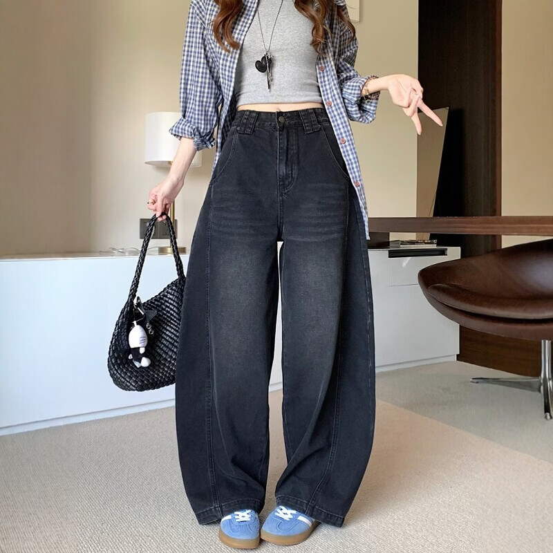 MODX弯刀阔腿牛仔裤女秋冬2026新款大码胖宽松高腰显瘦镰刀香蕉裤子 黑灰色【今年流行/梨形报恩裤】 M 建议90-100斤