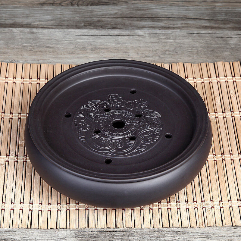 功夫茶海茶台紫砂大茶盘陶瓷茶具简约家用圆形茶托盘储水小号 红色双鱼(13英寸33cm)