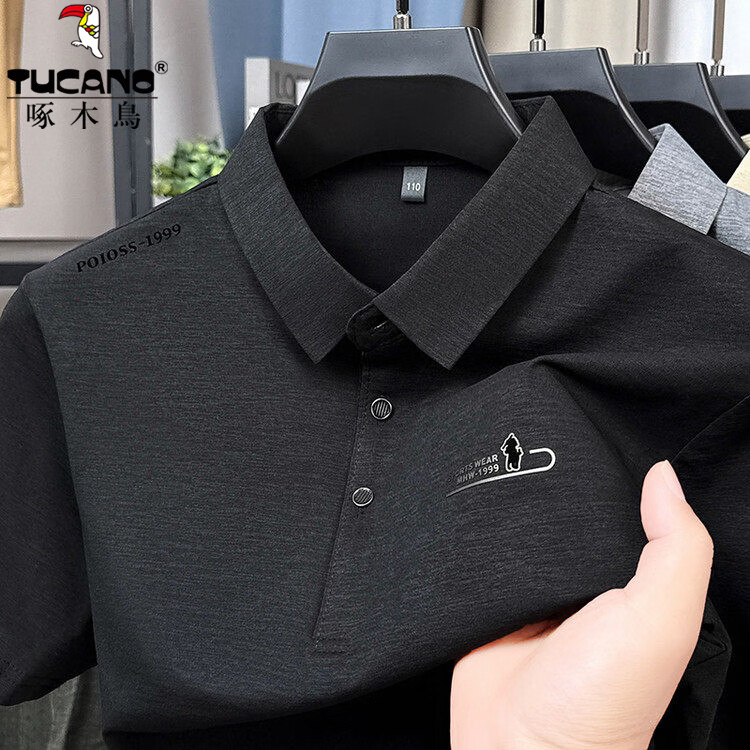 啄木鸟（TUCANO）酷丝棉短袖t恤男2026夏季新款上衣翻领男士半袖polo衫中年爸爸装 黑色 XL (175) 推荐135-150斤