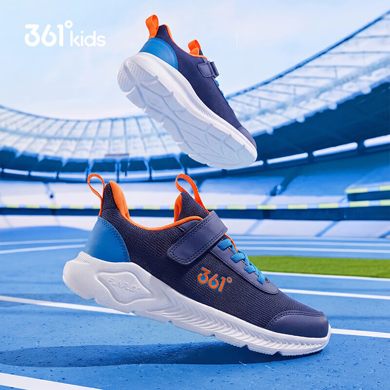 361°儿童运动鞋男童跑鞋秋冬密网轻便魔术贴女童皮革加绒保暖运动鞋 【四季密网】墨蓝/海中蓝色 35