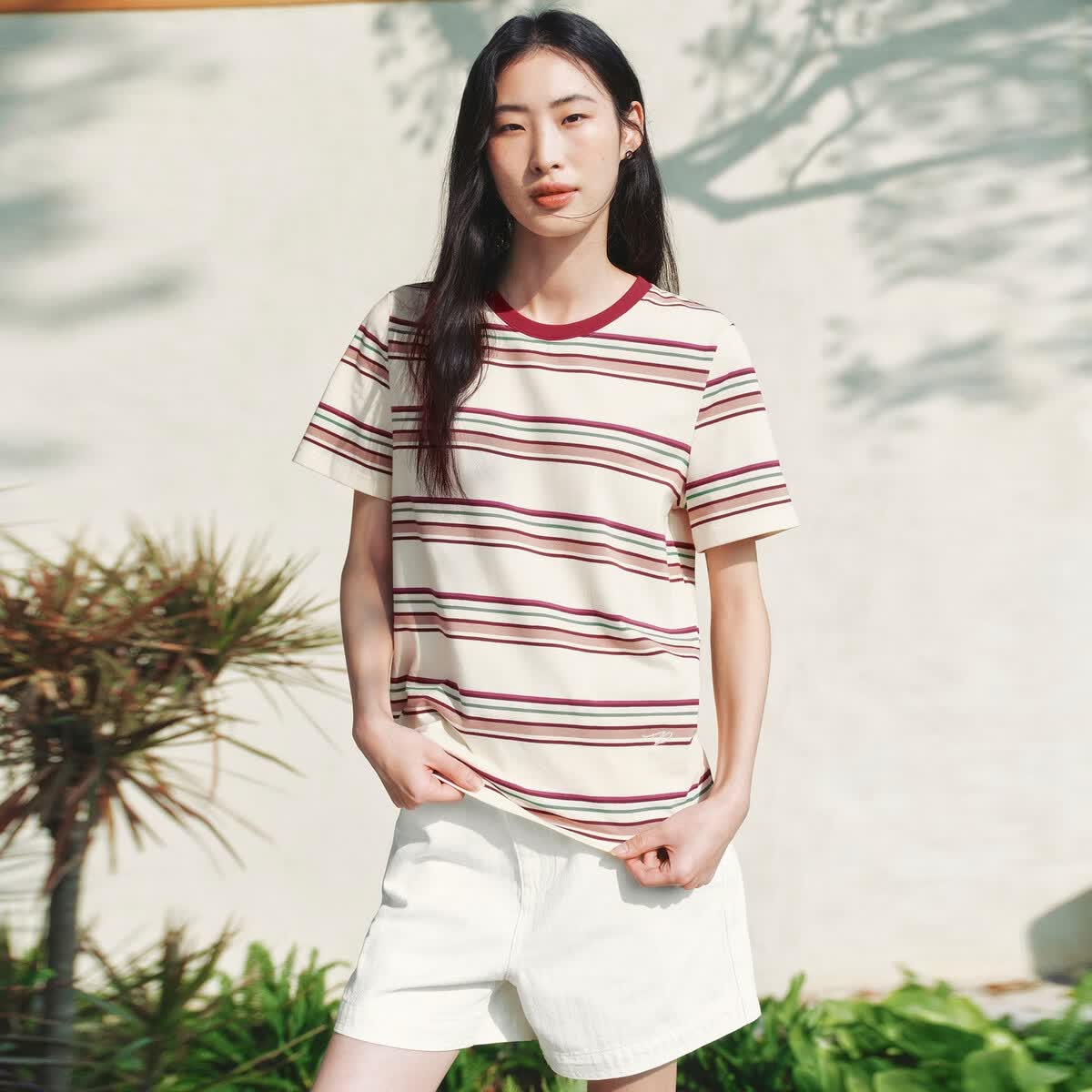 太平鸟复古撞色彩条短袖T恤26夏季新款正肩圆领松弛感休闲上衣女 米色 155 S 155