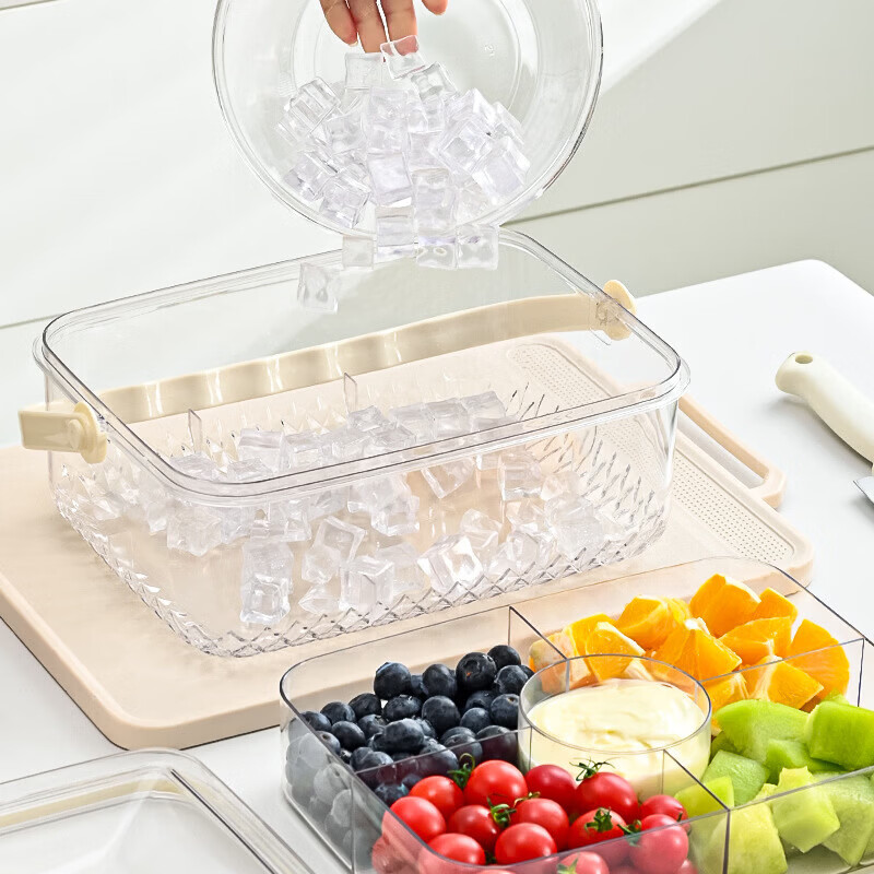洋臣手提透明水果保鲜盒五分格家用零食野餐篮子户外创意带盖水果果盘 透明大号方形五格【底部可放冰】