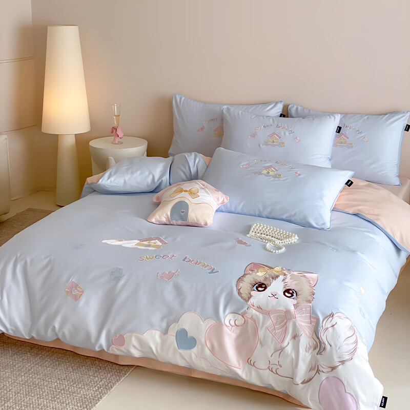 ROLAND LIVE春夏长绒棉软萌贴布绣四件套全棉60S被套床单儿童卧室三件套 KZ 长绒棉套件-元气阿喵蓝 小号 床单款 【被套150*200cm】