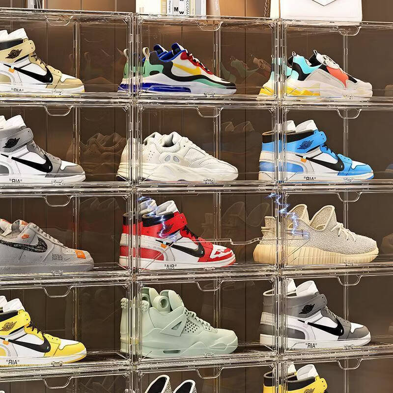 溥畔跨境鞋子收纳盒球鞋防氧化鞋柜家用门口鞋架磁吸鞋墙透明塑料鞋盒 超透PT[正开门]10个装 34x26x18.5cm