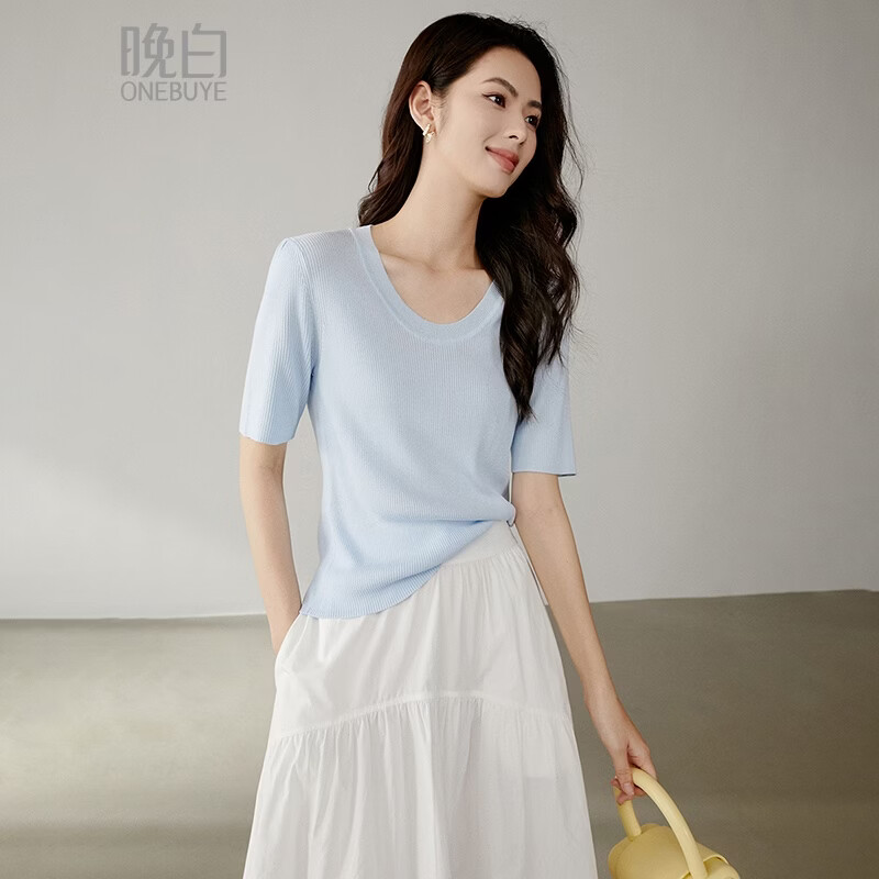 晚白【新品】2026年春款时尚圆领短袖上衣弹力修身显白针织衫女 浅蓝色 S