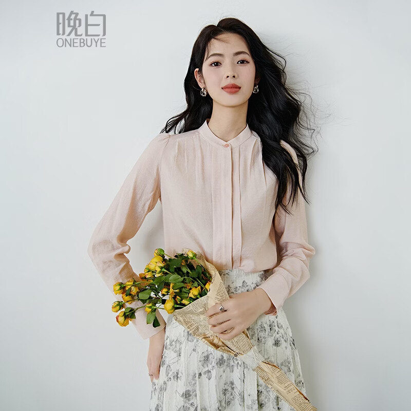 晚白【新品】2026春款气质显白樱花粉小立领上衣温柔知性职场通勤衬衫 浅粉色 M