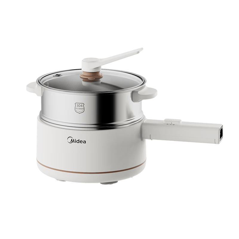 美的（Midea）电煮锅 小电锅 不锈钢0涂层电热锅 宿舍小锅多功能锅 1.6L学生寝室一体泡面小火锅XZC2017G 配蒸笼