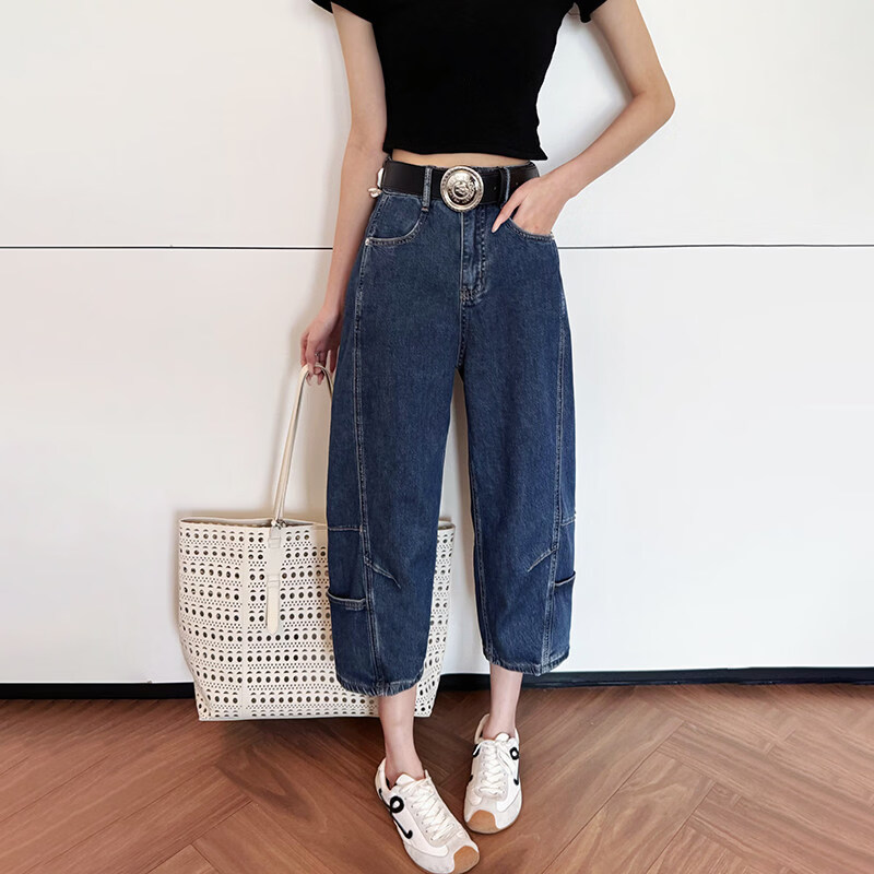 MODX牛仔裤女小个子八分裤覆古高腰奶奶裤弯刀裤垮裤大码裤子胖妹妹 深蓝色 26 90-100斤