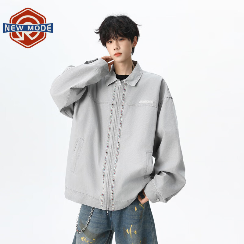 NEW OR MODE美式复古水洗纯棉工装外套男士春秋新款宽松拼接休闲翻领夹克上衣 灰兰色【高品质】 XL 【建议125-145斤】