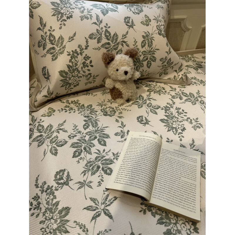 藤席天然纯藤冰法式茶歇绿色碎花可机洗夏凉席三件套空 YAG-冰藤席法式茶歇绿床笠款 1.8m(6英尺)床