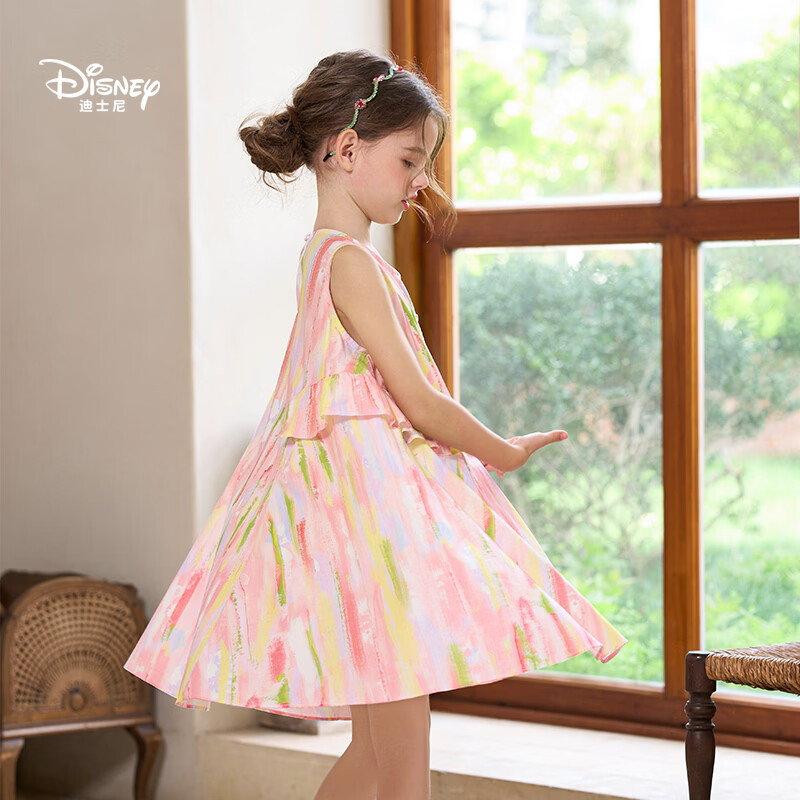 迪士尼(Disney)女童连衣裙2026夏季新款中大童女孩无袖薄款海边碎花公主裙子 粉色(055) 140 【建议身高135-145cm,体重60-70斤】