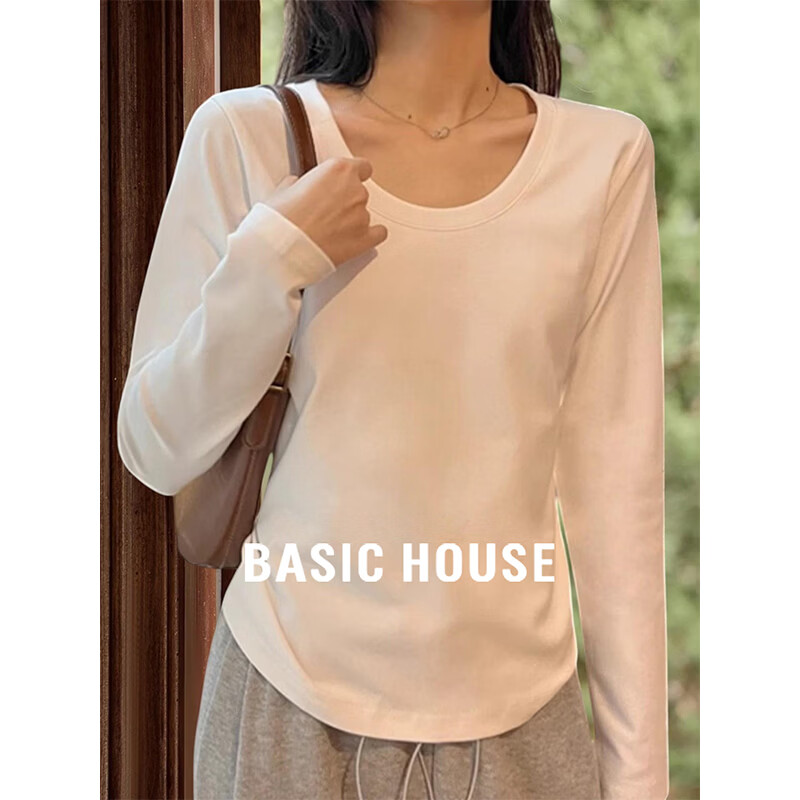 百家好（Basic House）白色U领长袖收腰纯棉T恤女2026春季圆领打底衫 白色 常规款 L