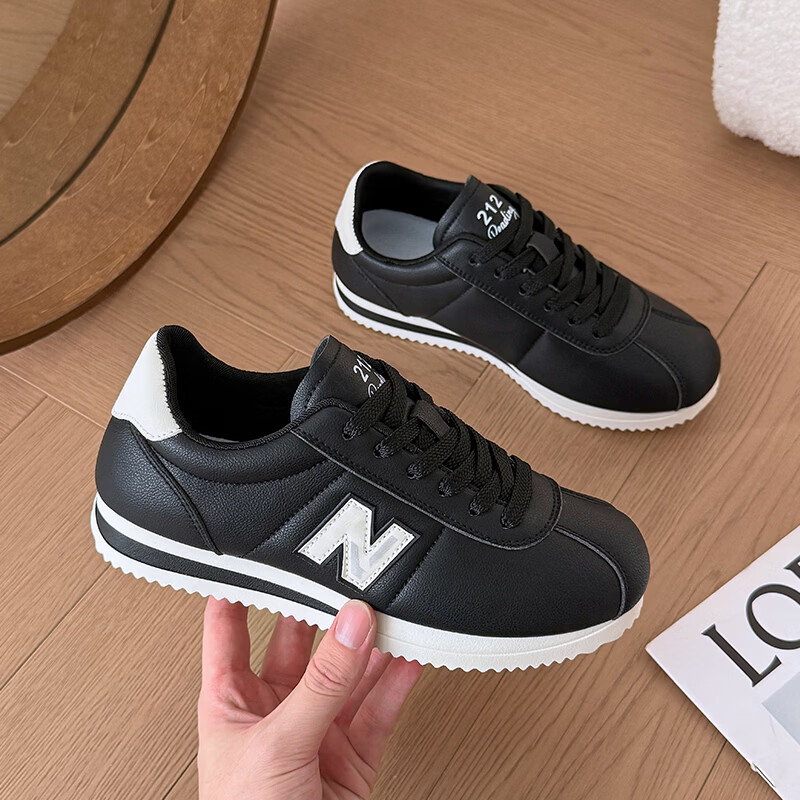 纽巴仑女鞋秋冬新款运动鞋男女同款ins小白鞋皮面防滑跑步复古阿甘鞋 黑色 45