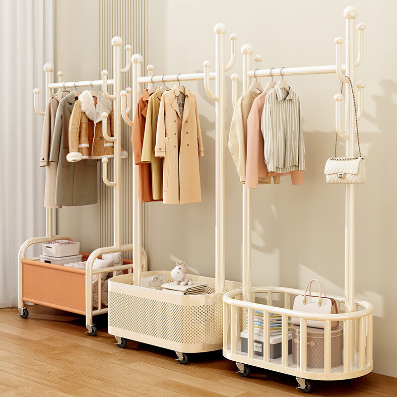 优勤（YOUQIN）衣架落地卧室挂衣架家用室内轻奢晾衣服置物架房间简易衣帽架 【加厚25管】60cm奶油白-网篮收纳