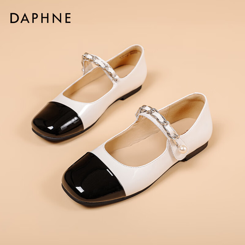 达芙妮玛丽珍女鞋2026新款春秋法式小皮鞋高跟鞋小香风粗跟单鞋女LP 米黑拼色 40