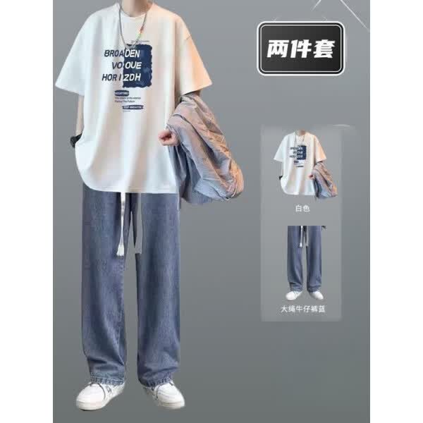 梵姿缇夏季短袖t恤套装ins潮流痞帅气男装一套搭配牛仔裤学生休闲两件套 【2件套】短袖白+牛仔裤蓝 S 【75-90斤】