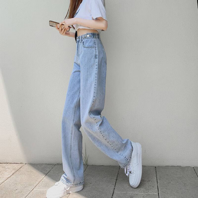 蝴蝶曼2026春夏高腰直筒牛仔裤女春宽松显瘦百搭休闲阔腿裤子韩版 浅蓝色 L 【参考详情页尺寸信息】