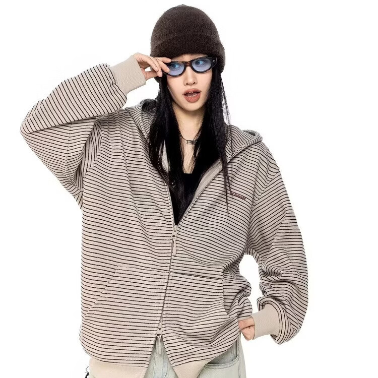 ICH MODE明星同款连帽条纹外套女春季新款拉链运动卫衣开衫上衣 咖色 M