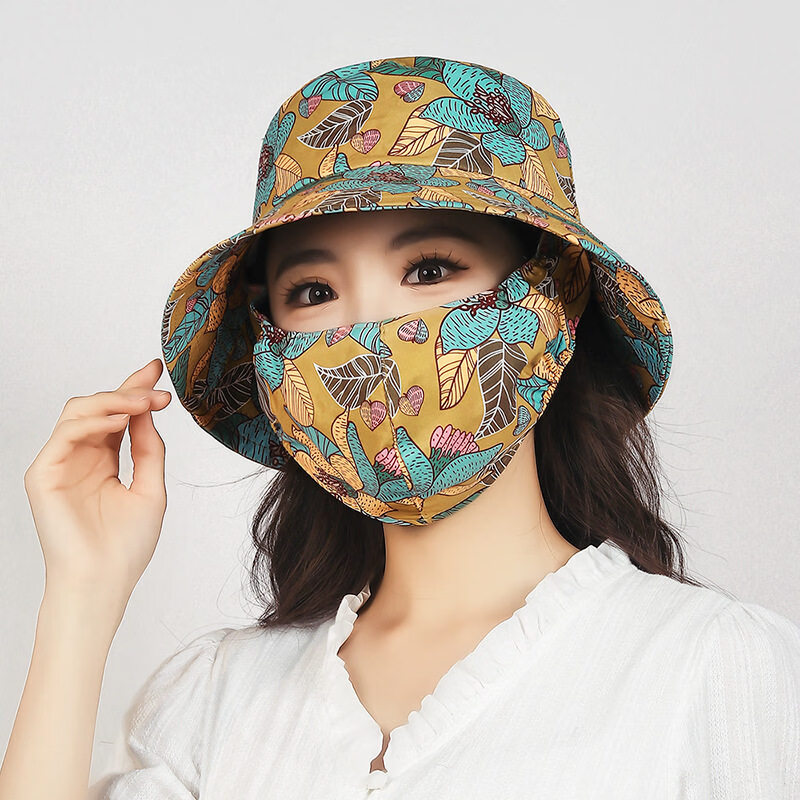 口罩一体帽防晒2026夏季新款帽一体女骑车干活遮阳帽吹翻大檐太阳 黄色大叶 均码