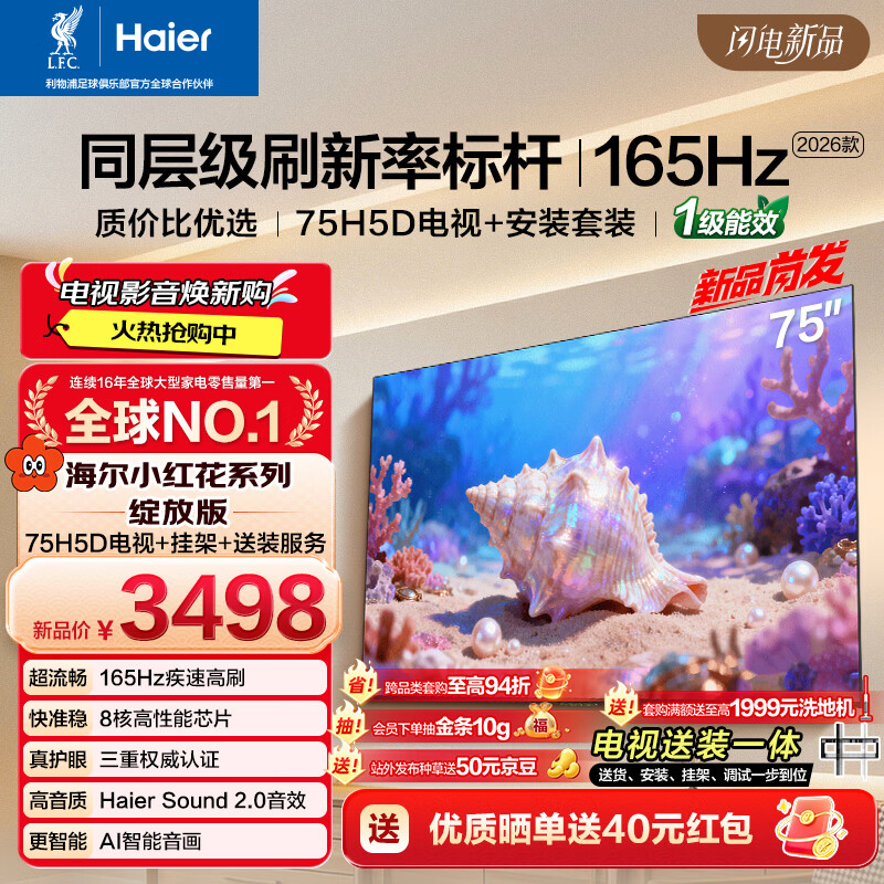 海尔包安装版【固定挂架送装一体】电视75H5D 75英寸 8核 165Hz 110%  64GB 游戏护眼1级能效H5C升级版