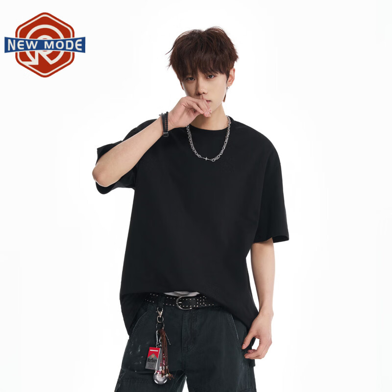 NEW OR MODE重磅双纱纯棉短袖t恤男夏季宽松大码休闲内搭上衣运动半袖打底衫 黑色【高品质】 S 【建议80-95斤】