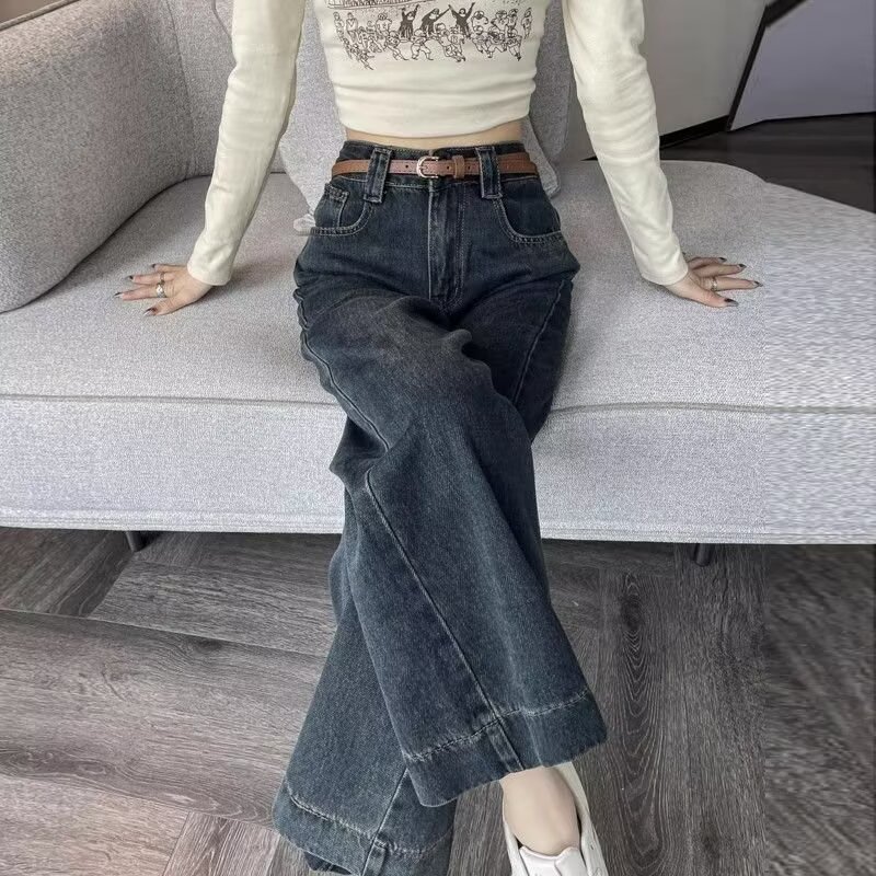 蝴蝶曼美式复古九分牛仔裤女春夏新款薄款高腰垂感直筒宽松阔腿裤子潮 蓝色 L 【参考详情页尺寸信息】