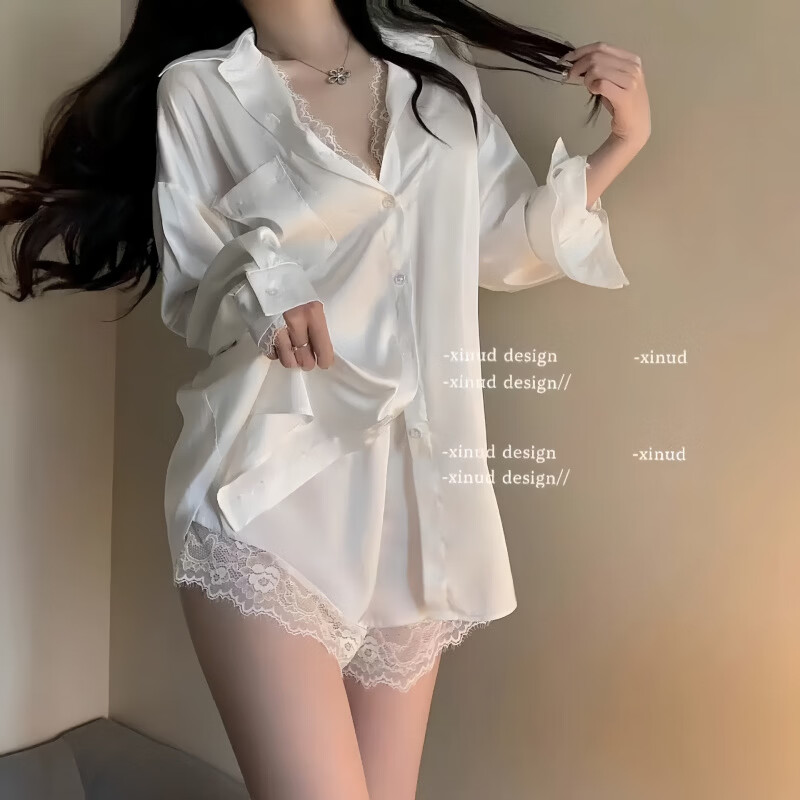 维多利亚的格调男友风衬衫冰丝性感大码睡衣纯欲女蕾丝缎面假两件睡裙家居服 黑色冰丝衬衫+短裤【礼盒装】 XL 【建议150-180斤】