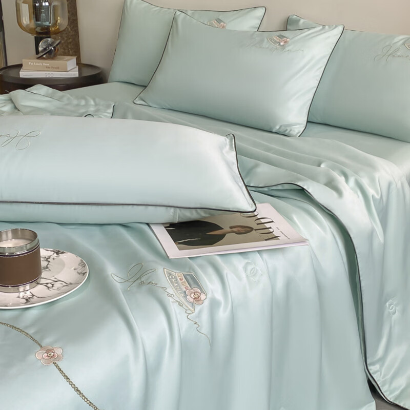 水星家纺夏凉被空调被水洗真丝夏被四件套夏季被子裸睡轻奢床单床笠 公主日记-白茶绿 床单款 夏被200*230cm++2枕套