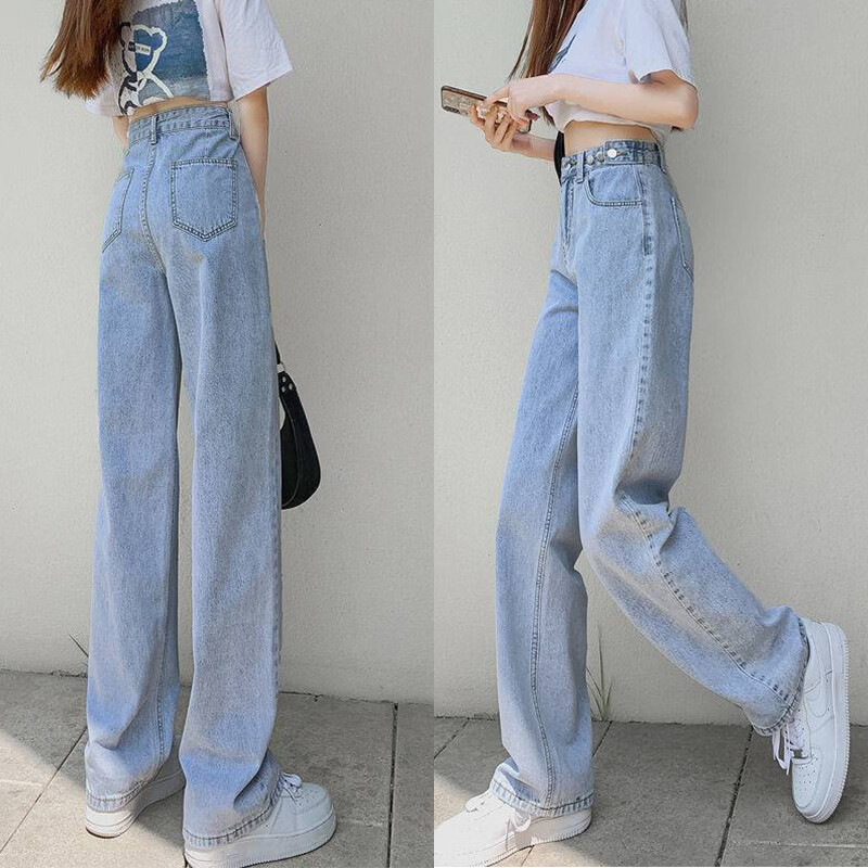 蝴蝶曼2026春夏高腰直筒牛仔裤女春宽松显瘦百搭休闲阔腿裤子韩版 浅蓝色 L 【参考详情页尺寸信息】