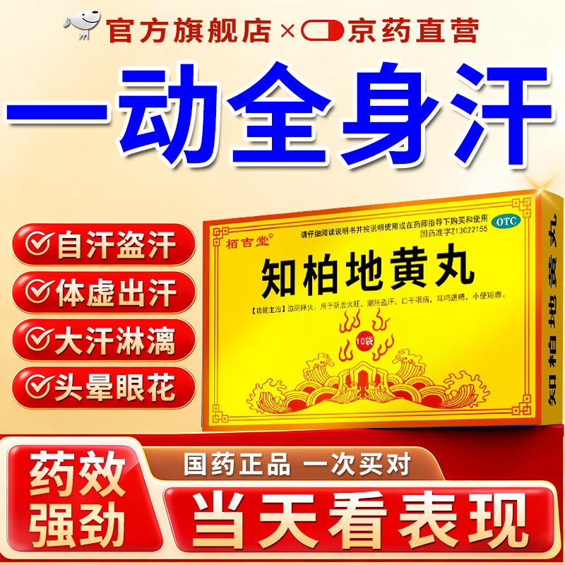 [栢吉堂]知柏地黄丸 6g*10袋 1盒装 一动就出汗异常多止汗药男士体虚肾虚多汗满头大汗多自汗治的药 一动就出汗 标准装