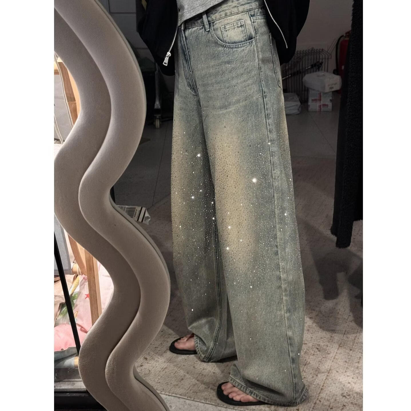 晶咕【闪闪裤 】】重工烫钻高腰水洗牛仔阔腿裤百搭潮流 牛仔蓝【高个子松紧腰版】 M(适合100-120斤) 均码