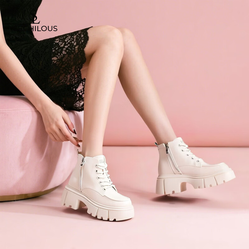 奢驰路易（SECHILOUIS）品牌色马丁靴女秋冬季加绒2025新款时尚中跟加厚羊毛雪地靴保暖 白色春秋单里 35