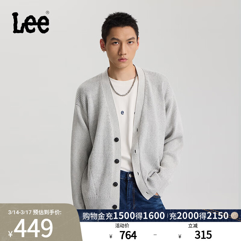 Lee宽松版V领双色混色效果男女同款长袖毛衣开衫休闲LUT010830209 灰色（尺码偏大，拍小一码） XL